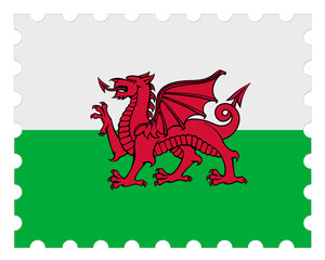 Wales Flag Postage Stamp, 3d illustration on white background
