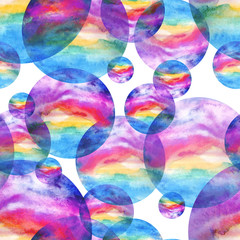 Seamless watercolor pattern, background, with a round abstract spot with a beautiful splash of paint. Space, sunset, bright beautiful colors on a white background. Fashionable pattern