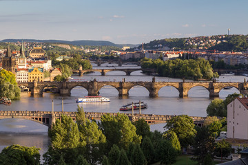 Fototapeta na wymiar Buildings and bridges over Vltava River in Prague, Czech Republic, viewed slightly from above in the daytime.