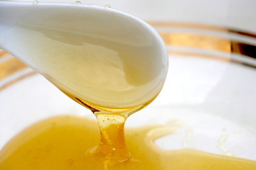 Honey in a plate with a white spoon