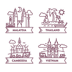 Asian Country Icons Line Art