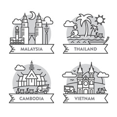 Asian Country Icons Line Art
