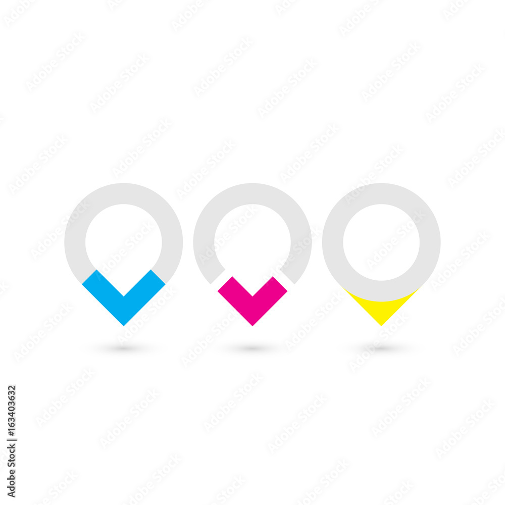 Aufkleber set of three original map pointers - navigation pins. simple flat vector objects in grey, cyan, mage