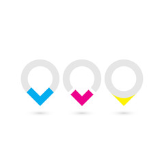 Set of three original map pointers - navigation pins. Simple flat vector objects in grey, cyan, magenta and yellow.