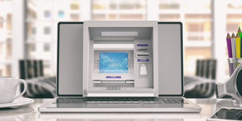 Online money concept. ATM machine and a laptop - office background. 3d illustration