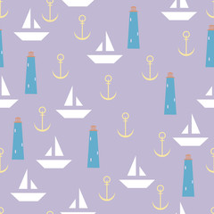 Nautical seamless pattern with lighthouse, sailing boats and anchors. Vector