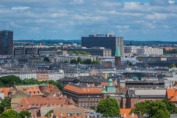 Panoramic view of Copenhagen city in sunny day from the City hall tower. Copenhagen, Denmark.