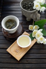 Healthy oolong tea cup with leaves
