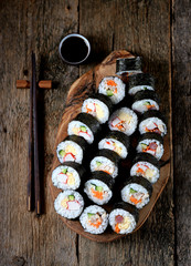 Korean roll Gimbap(kimbob) with ham, sausage, carrots, omelet, crab meat and rice. 