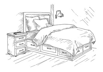 Hand drawn sketch. Linear sketch of an interior. Sketch Line bedrooms. Vector illustration