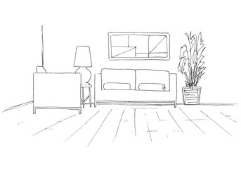Sofa, chair, table with lamp and a large potted plant. Hand drawn vector illustration of a sketch style.