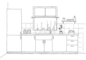Sketch kitchen with a window. Vector illustration in a sketch style. - 163408055