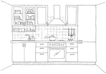 Hand drawn kitchen furniture. Vector illustration in sketch style