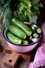 Homemade organic lightly salted cucumbers. Organic, healthy food.