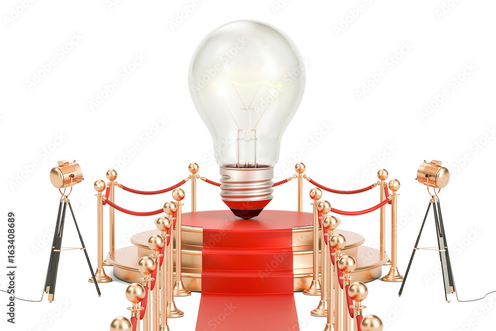 Poster podium with lightbulb, idea concept. 3d rendering