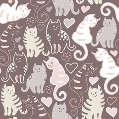 Seamless pattern with cute cartoon doodle cats on brown background. Little colorful kittens. Funny animals. Children's illustration. Vector image.