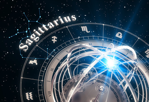 Zodiac Sign Sagittarius And Armillary Sphere On Black Background