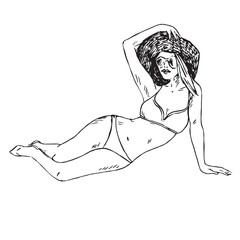 Portrait of sexy retro pin up girl in bikini, hat and sunglasses sitting, hand drawn outline doodle, sketch in pop art style, black and white vector illustration