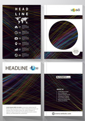Abstract waves, lines and curves. Dark color background. Motion design. Business templates for brochure, magazine, flyer, annual report. Cover template, easy editable vector, flat layout in A4 size.