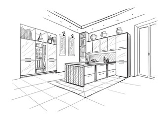 Interior sketch of modern kitchen with island. - 163410037