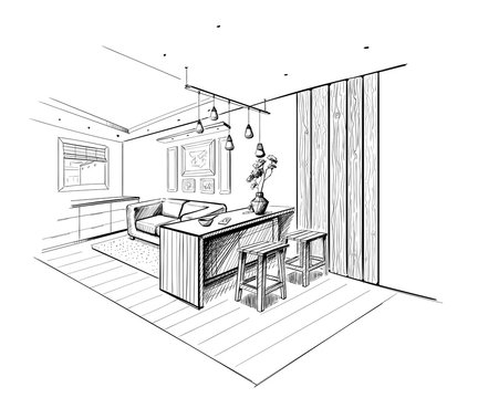 Interior sketch of modern kitchen with island.