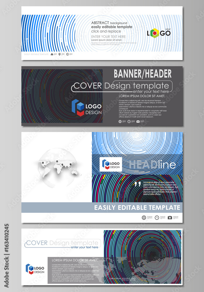 Poster blue color background in minimalist style made from colorful circles. social media and email headers