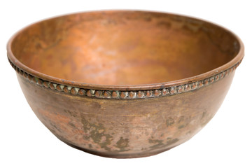 Old vintage copper bowl handmade isolated on white.