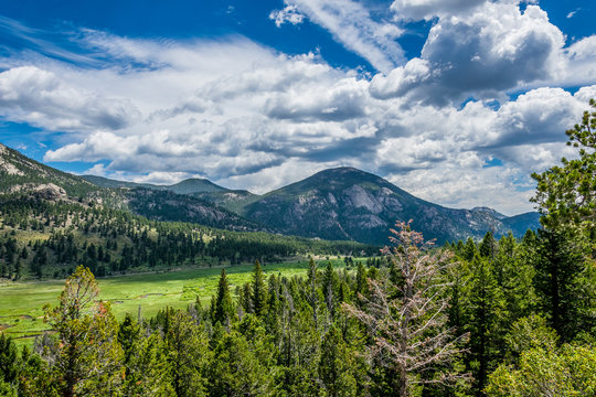 Cloudy landscape. Green blossoming summer valley in the Rocky Mountains