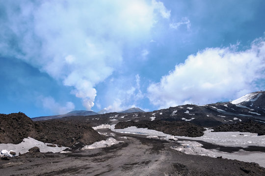 White Smoke From Summit Craters Of Mount Etna, Sicily