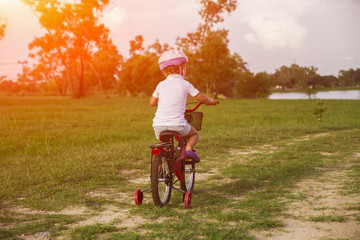 The child riding a bicycle. The kid in a helmet riding a bike in the park. Beautiful baby.