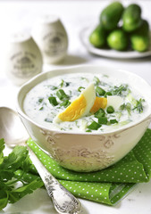 Summer cucumber cold soup with greens and boiled eggs.
