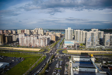 Top view of city with tall buildings