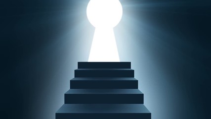 Stairs to light key hole door. Hope And Freedom Concept. Stairway to a bright world shaped of key hole full hd and 4k, Light and Dark Concept. Religion background. Achievement and success concept