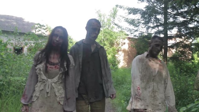 Zombies are walking through an abandoned village.