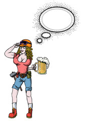 Cartoon image of hard working woman with beer. An artistic freehand picture.