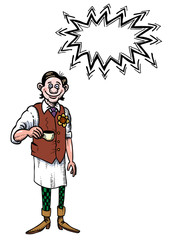 Cartoon image of barista serving coffee. An artistic freehand picture.