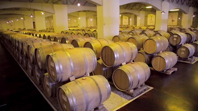 Wine barrels stacked in the cellar of the winery