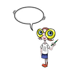 Cartoon image of geeky girl. An artistic freehand picture.