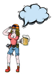 Cartoon image of hard working woman with beer. An artistic freehand picture.