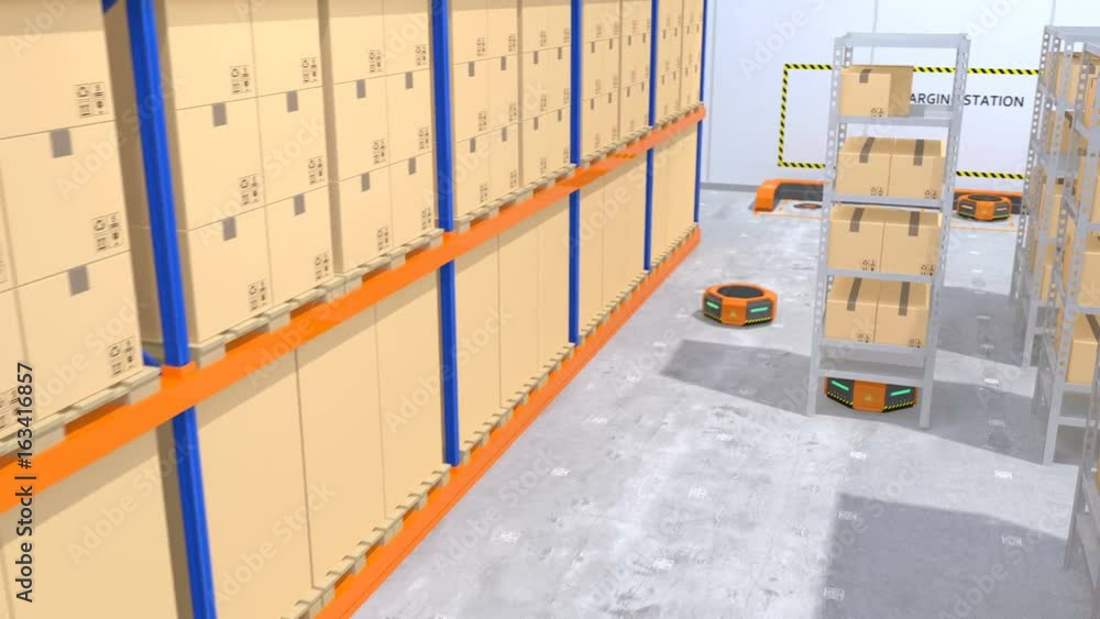 Poster warehouse robots and drone carrying goods. advanced warehouse robotics technology concept. 3d render