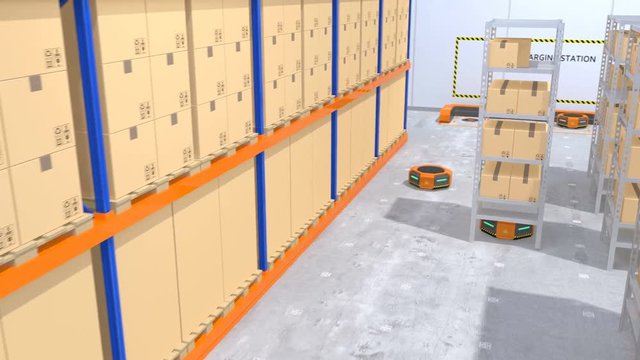 Warehouse robots and drone carrying goods. Advanced warehouse robotics technology concept. 3D rendering animation.