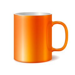 Orange cup isolated on white background. Blank cup for branding. Photorealistic vector template