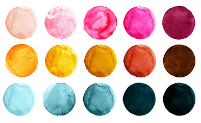 Set of colorful watercolor circles isolated on white.