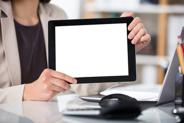 Fototapeta premium Businesswoman Showing Digital Tablet With Blank Screen