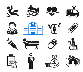 Accidents and life insurance for hospital treatment icon concept. How to medicare with doctor.