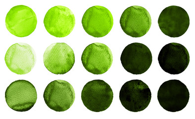 Watercolor circles in shades of green color isolated on white background.