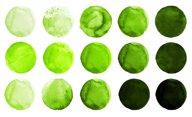 Watercolor circles in shades of green color isolated on white background.