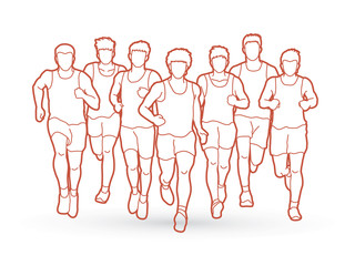 Marathon runners, Group of people running, Men running outline stroke graphic vector.