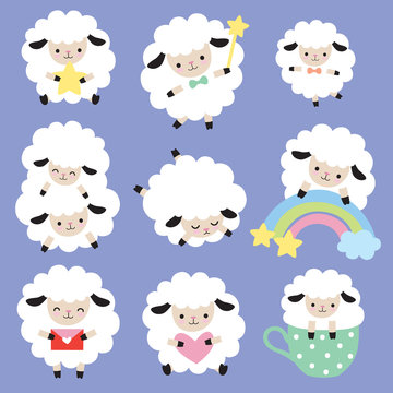 Vector illustration of cute white sheep with heart, star, and rainbow.