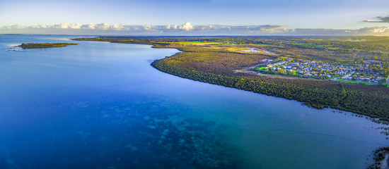 Aerial panoramic view of beautiful coastline near Hastings at dusk. Melbourne, Australia
